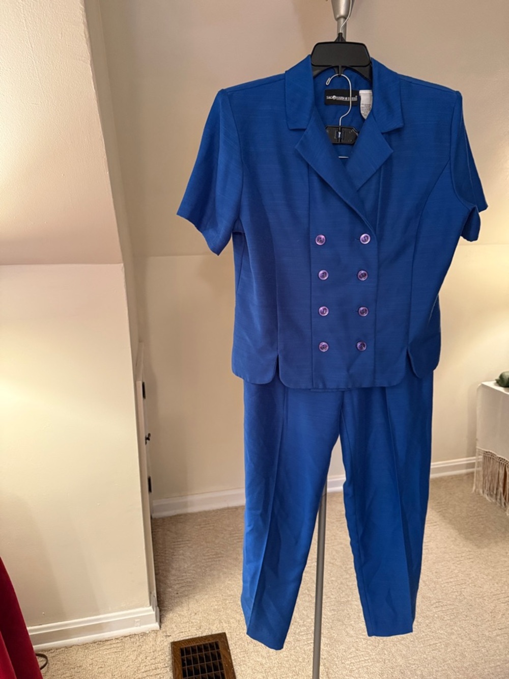 Sag Harbor Short-Sleeve Double-Breasted Pant Suit in Bright Blue